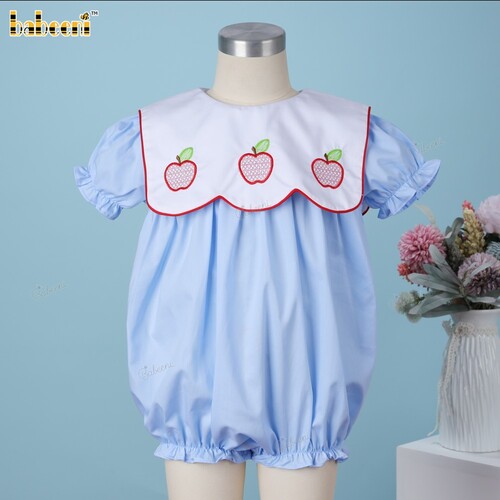 Girl Bubble In Blue With Apple Embroidered Back To School Eve - BB3408A